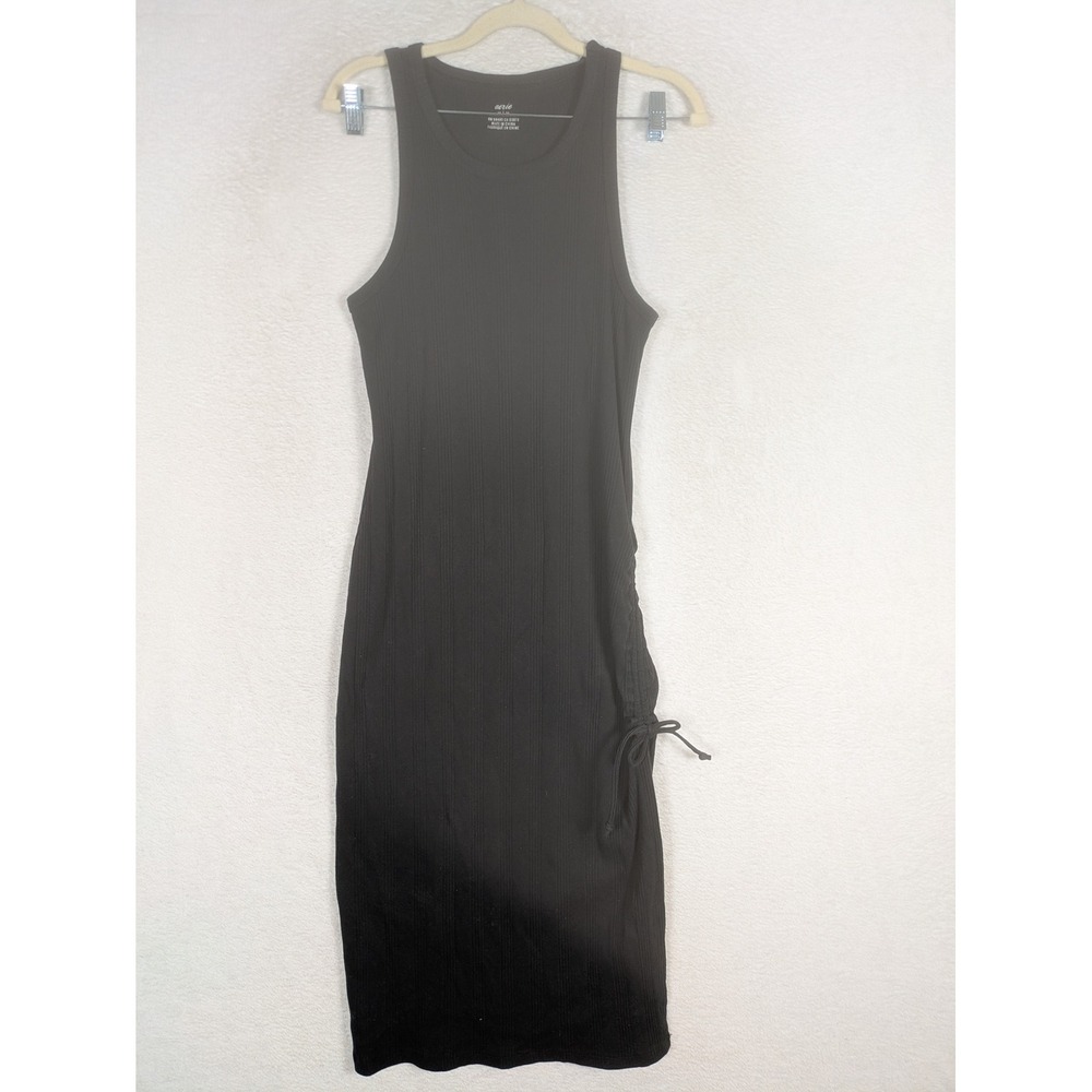 Aerie Dress Women's Medium Black Ribbed Bodycon Side Slit Cinch Midi Sleeveless